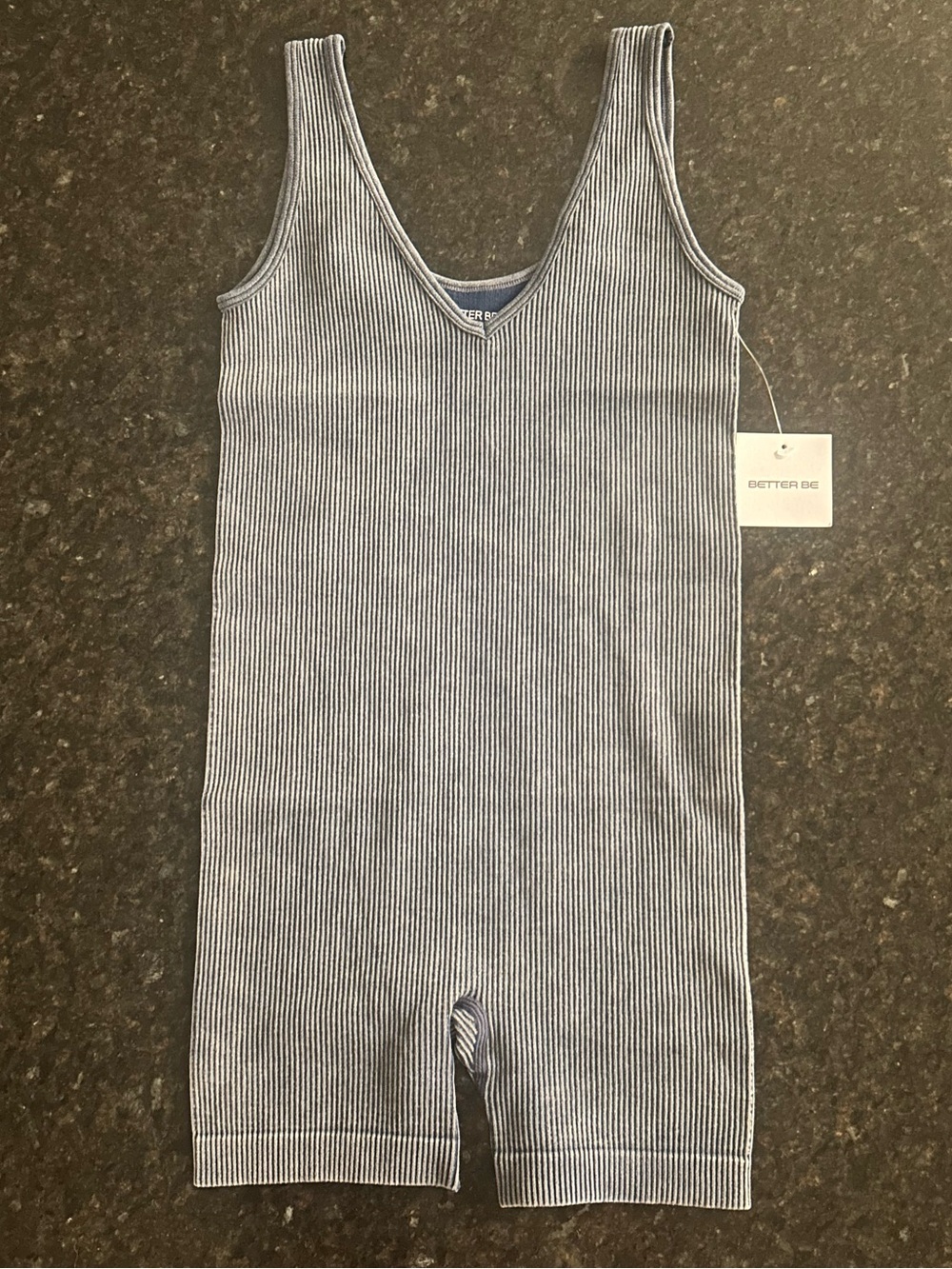 BETTER BE Ribbed V-Neck Distressed Navy Blue Ribbed Tank Romper
